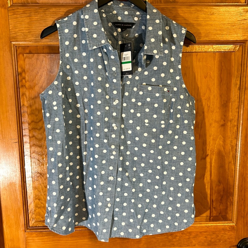 Tommy Hilfiger Women’s Polka Dot Sleeveless Button Down Size Lg-Nwts